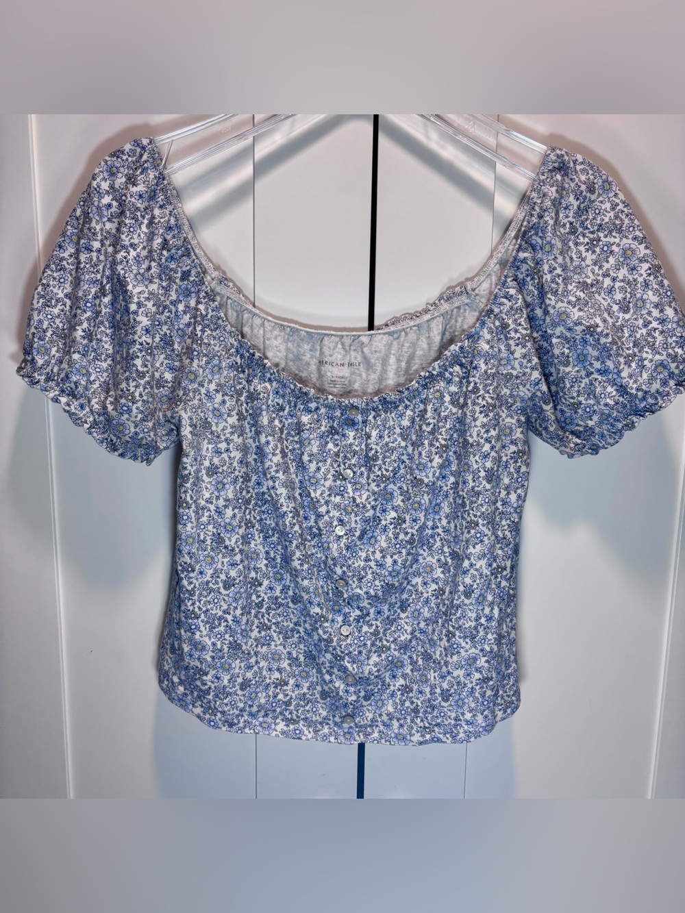 American Eagle 100% Cotton Babydoll Top Floral Button-up Short Sleeve Size Small